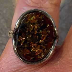 Vintage Big Amber Stone Solid Sterling Silver Ring Size 9 Rare